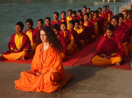 Sadhvi leading mediatation on beach